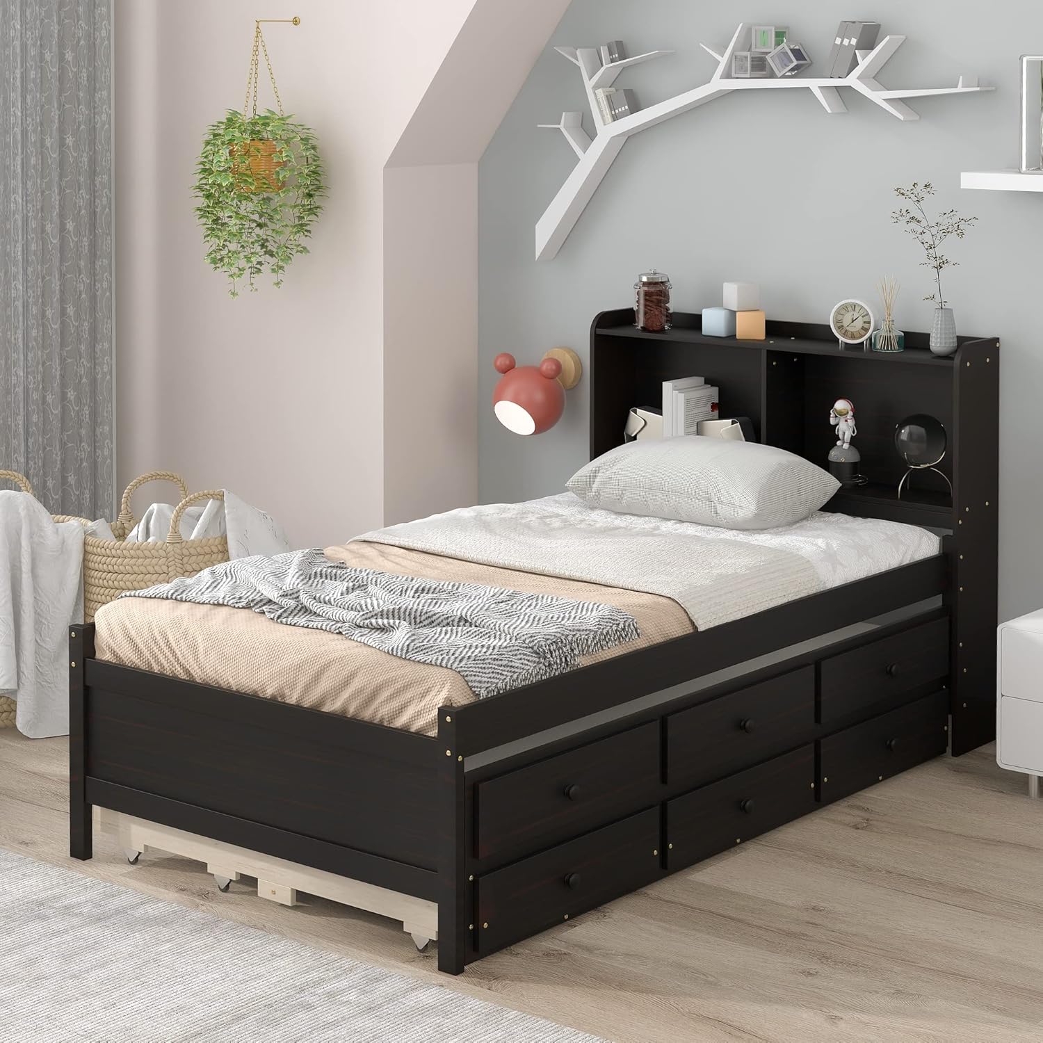 Twin Wood Captain’s Bed with Bookcase Headboard, Trundle and 3 Drawers, Espresso W665510