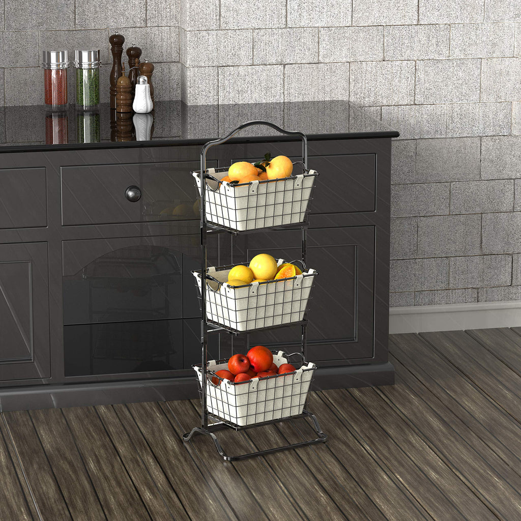 3-Tier Rigid Wire Market Fruit Basket Stand, Black D21317