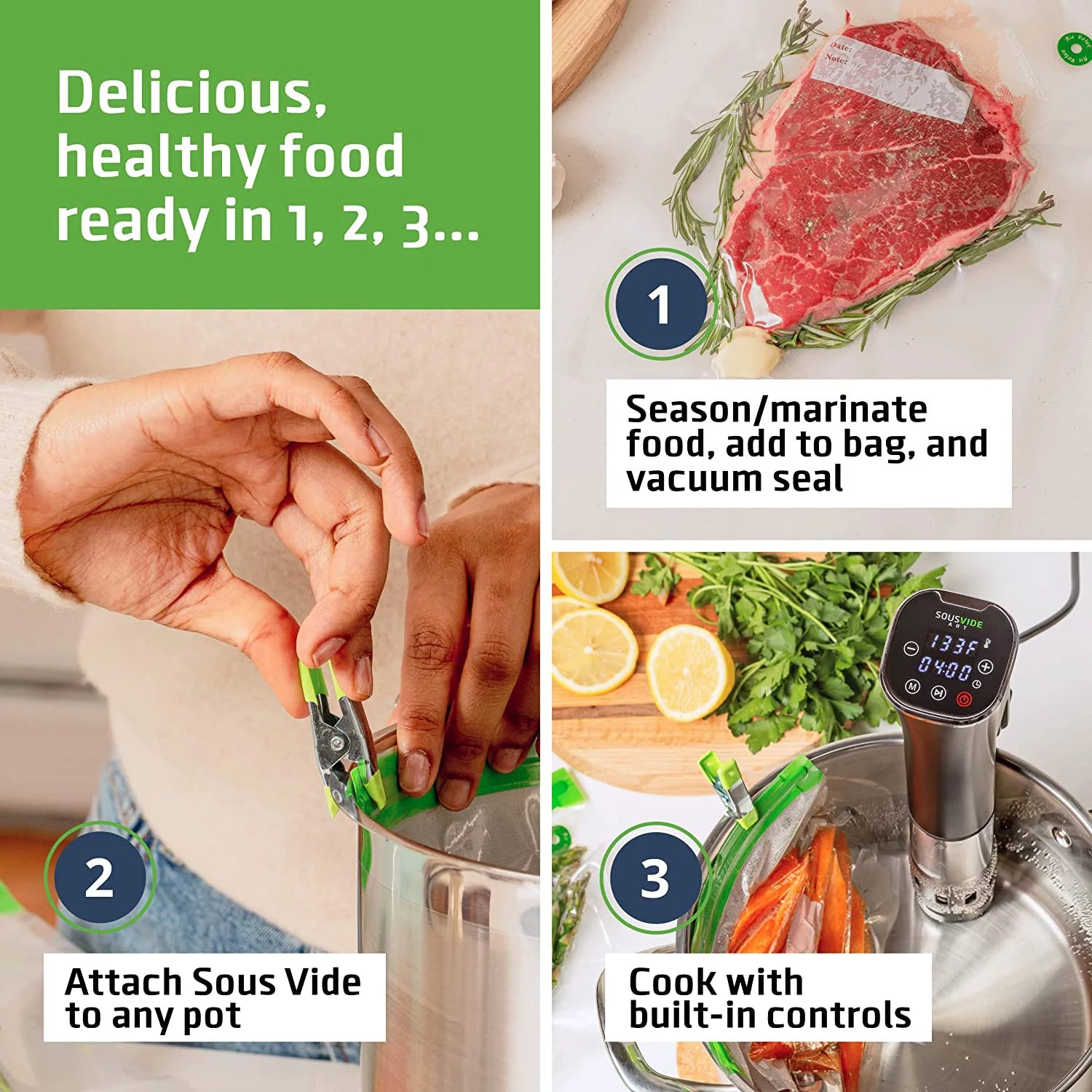 Sous Vide Machine 800W with Digital Timer, 30 Bags, Clips, Vacuum Pump, Cookbook P3154