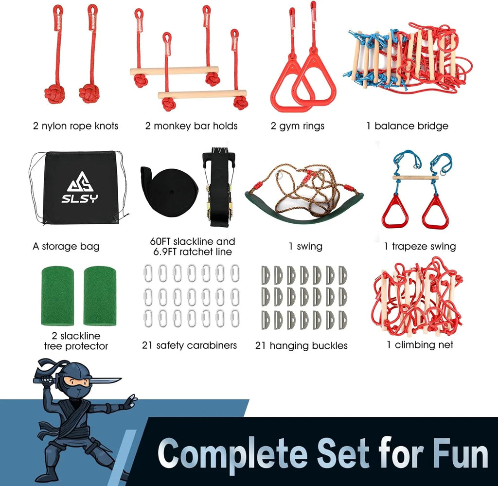 60FT Durable Ninja Slackline Kit with 10 Obstacles & Bag D4632