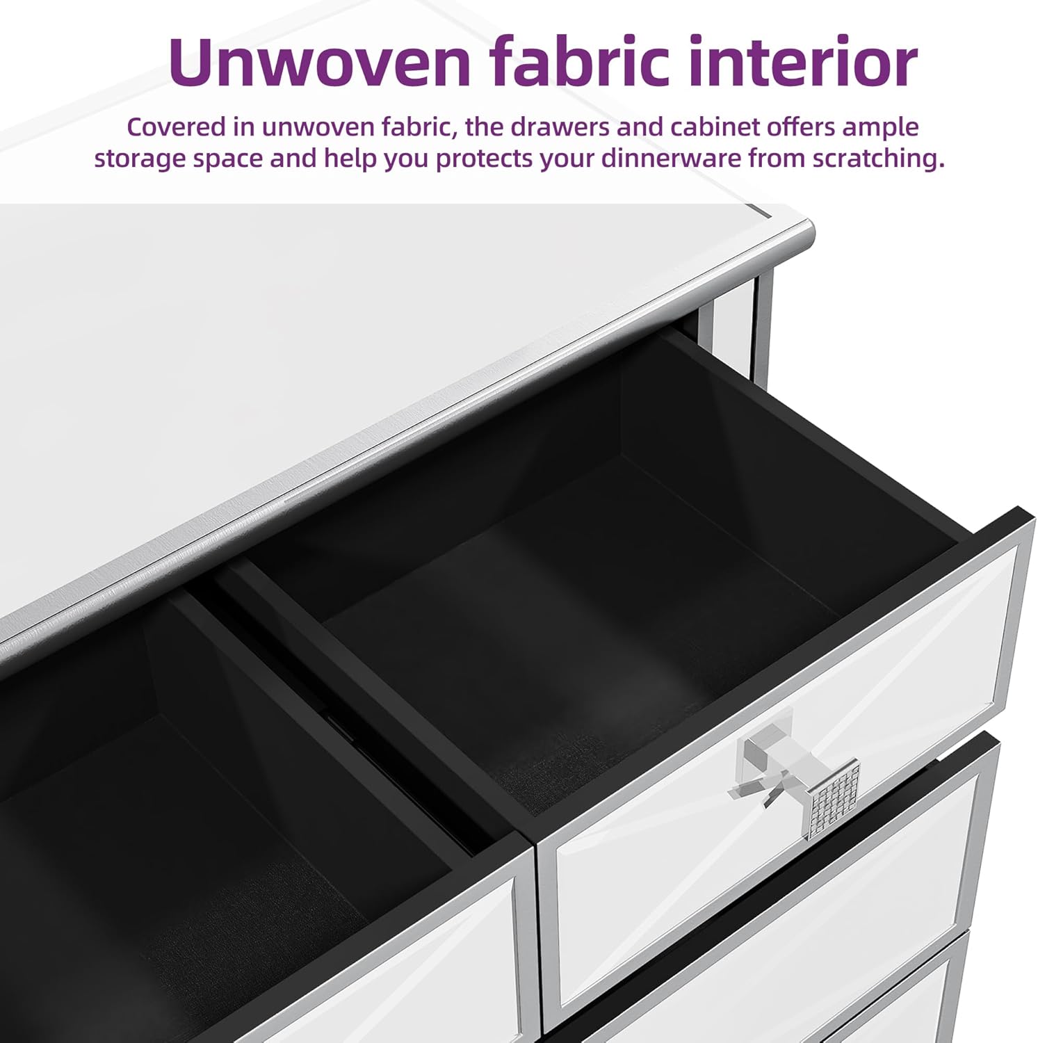 Silver Mirrored 5 Drawer Dresser with Wood Legs B9035