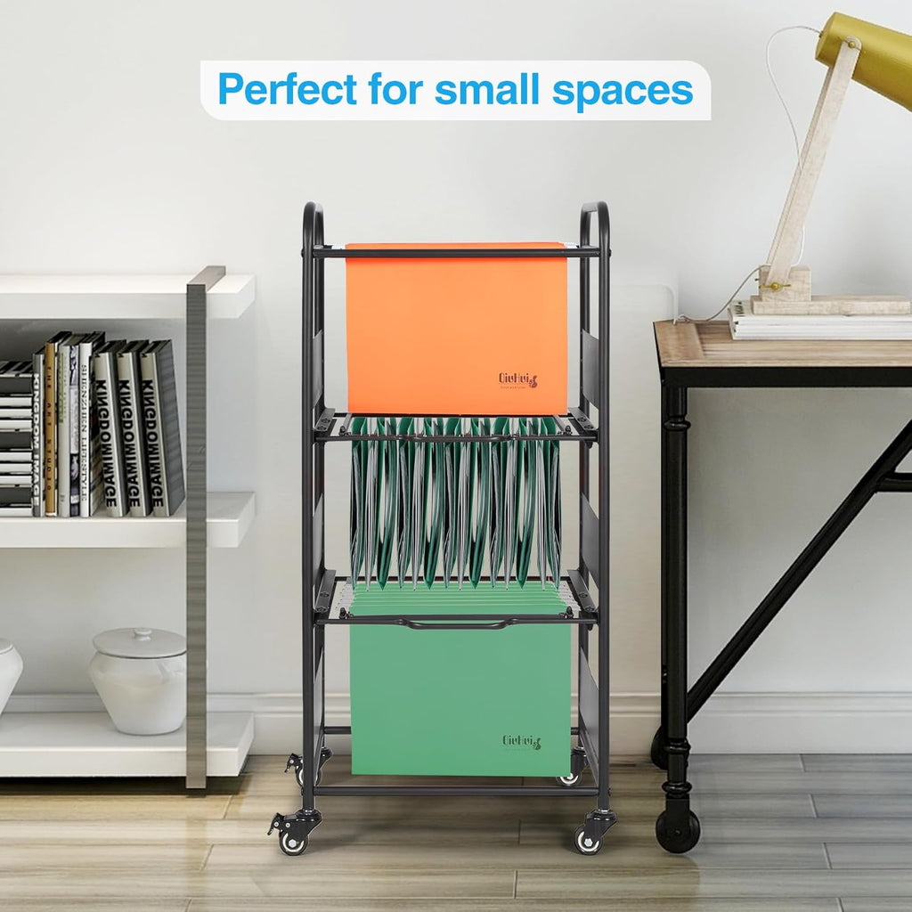 3-Tier Metal Rolling File Cart with Wheels, Black C3320