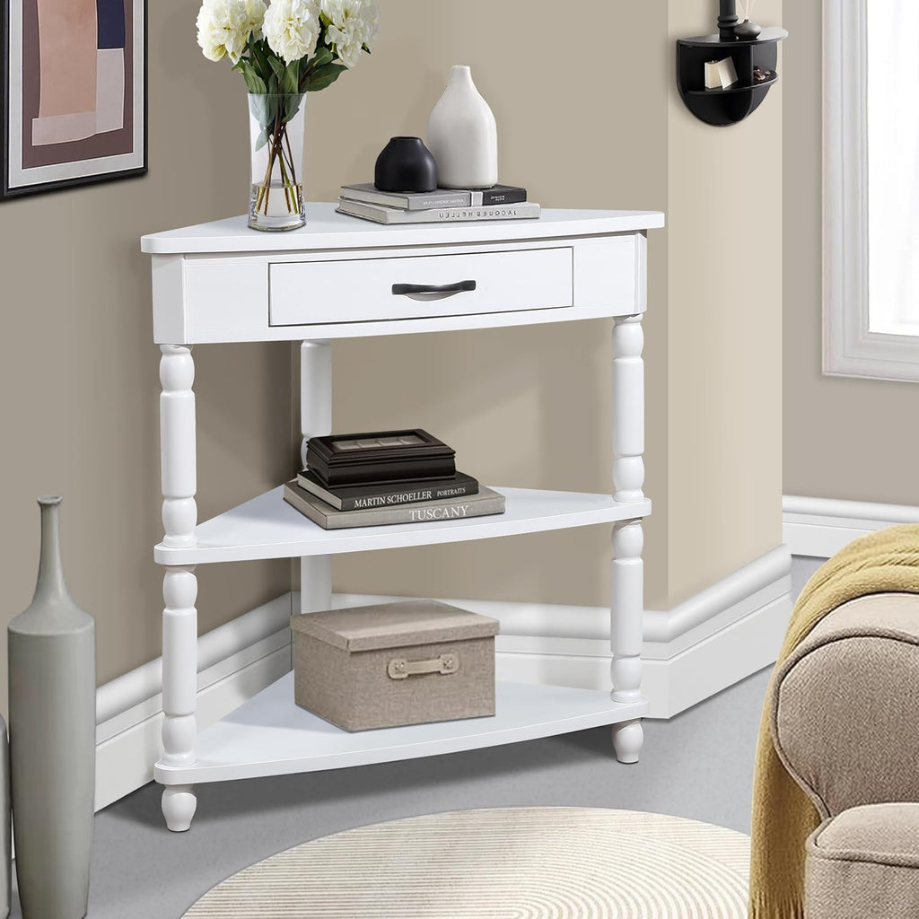 White Corner Table Accent Cabinet with Shelves Drawer Y2045