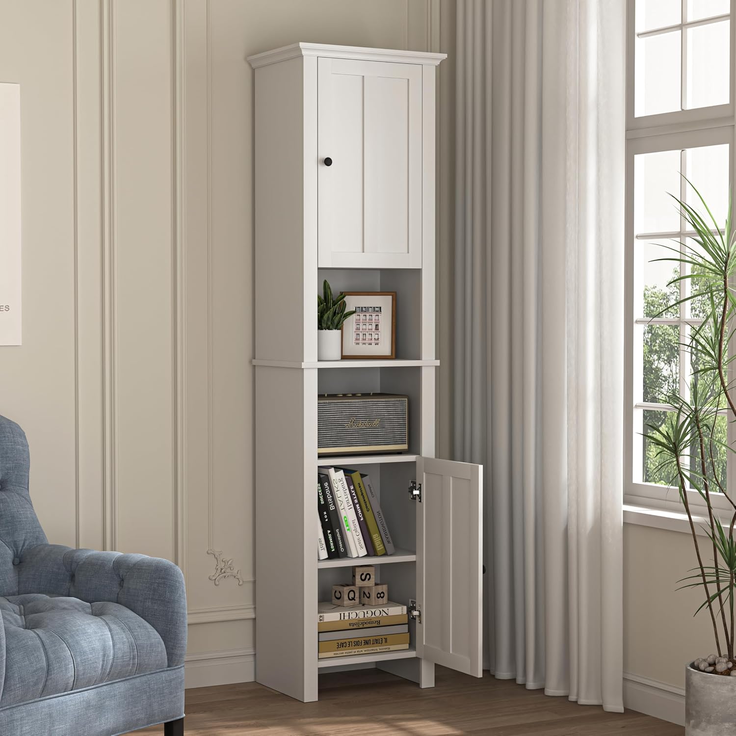 White 15.7"L x 11.8"W x 67"H Narrow Bathroom Storage Cabinet with Shelves and Door Q5278