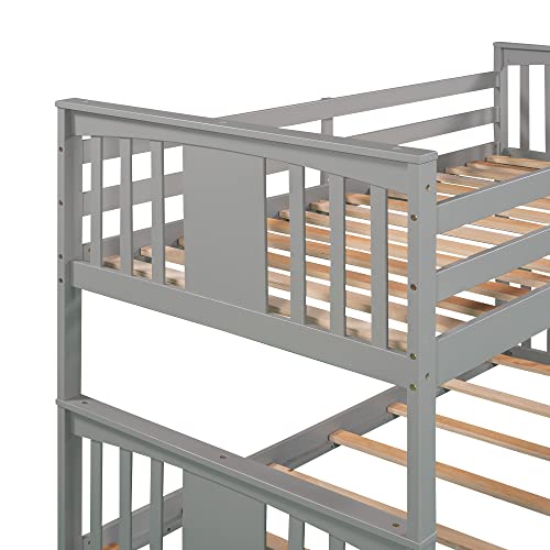 Gray Solid Wood Twin over Twin Bunk Bed with Ladder and Guard Rail Z24335