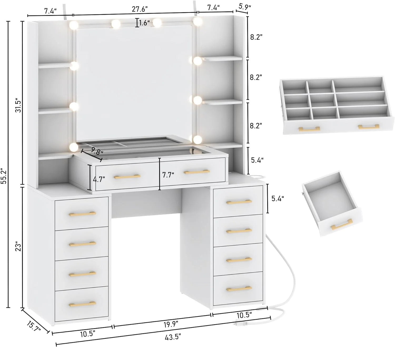 White Vanity Desk with Mirror & LED Lights, Glass Top, 9 Drawers U497
