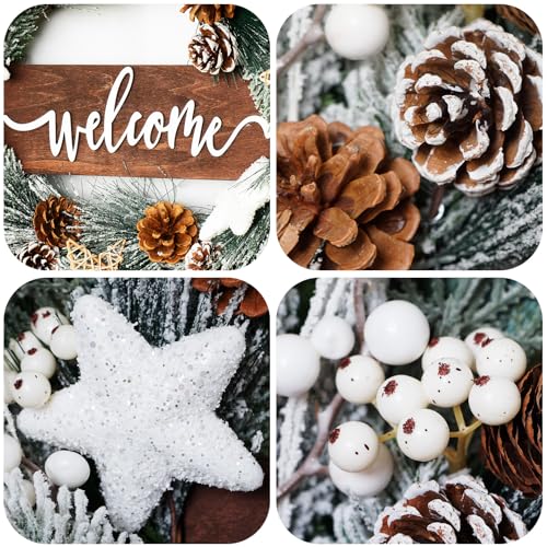 24 Inch Artificial Outdoor Christmas Wreath with Pinecones, White Berries and Welcome Sign W40620