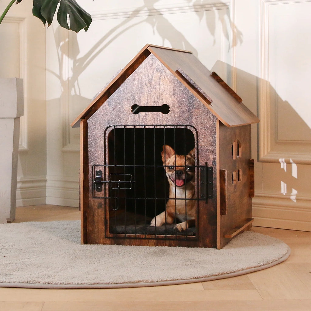 Brown Wooden Dog House with Door and Roof I89093