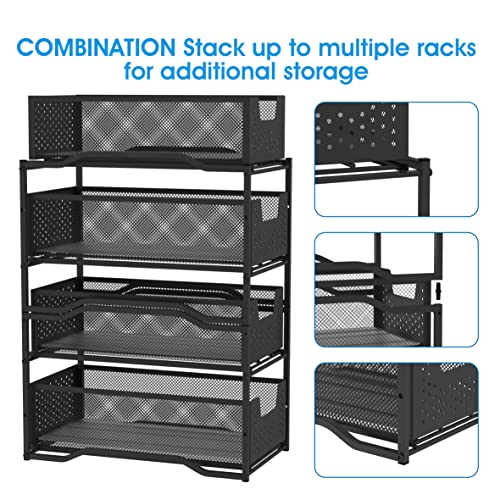 Black 2 Pack Stackable 2 Tier Under Sink Cabinet Organizer with Sliding Storage Drawer T362