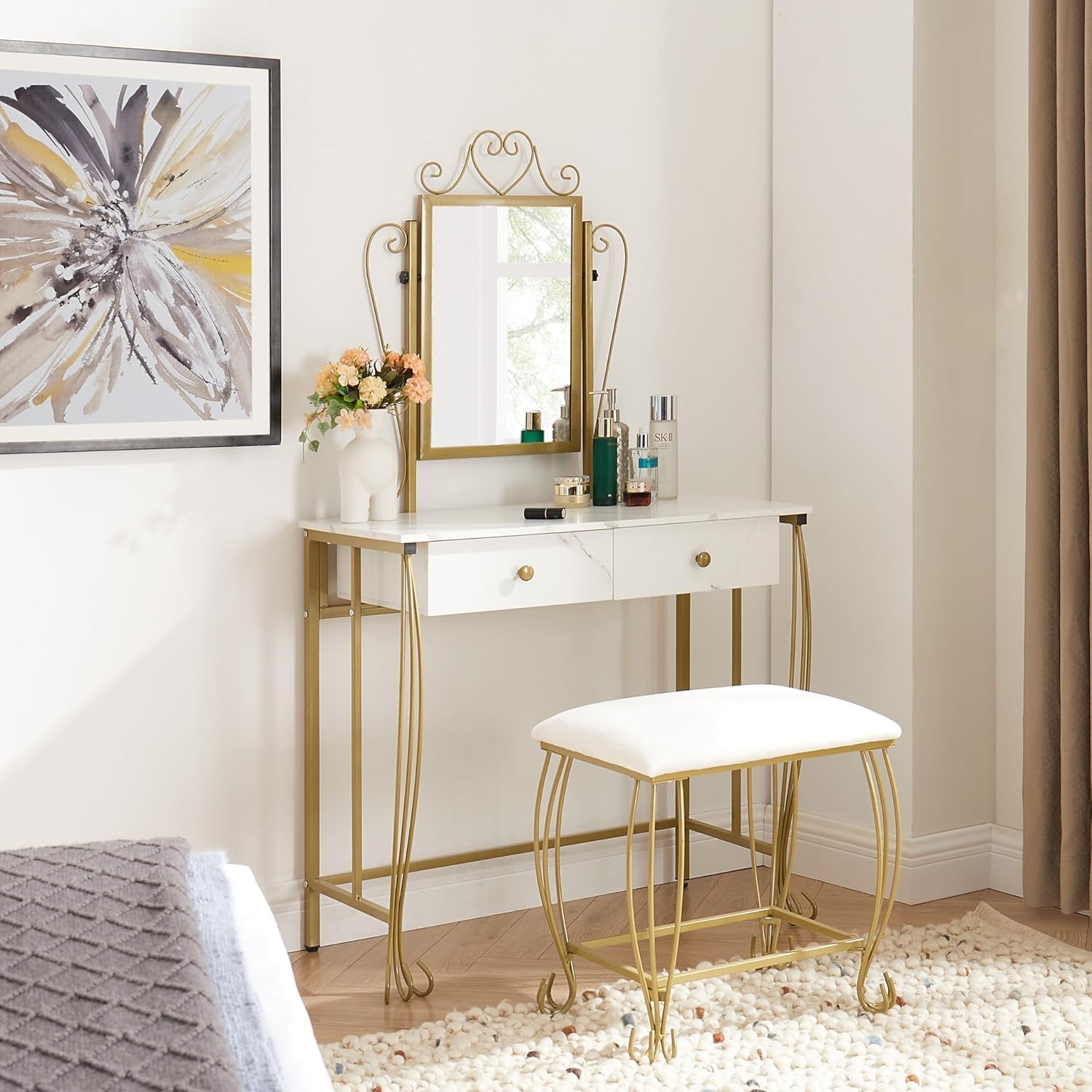 White Vanity Mirror Table Set with Stool Z25171