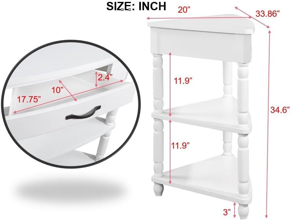 White Corner Table Accent Cabinet with Shelves Drawer Y2045