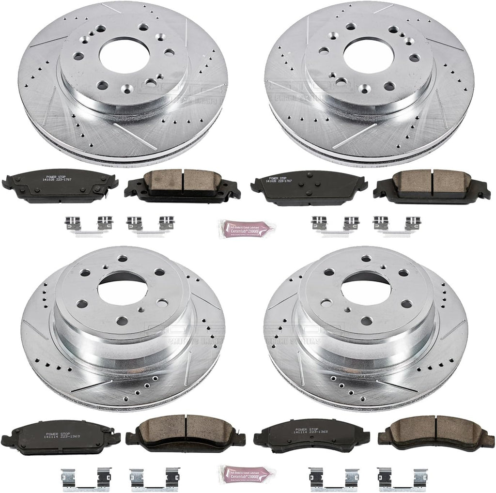 Front and Rear Carbon Fiber Brake Pads with Drilled & Slotted Brake Rotors Kit F385067