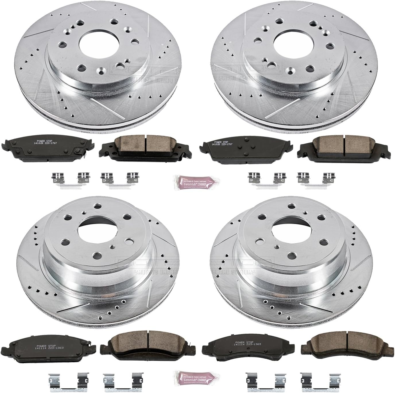 Front and Rear Carbon Fiber Brake Pads with Drilled & Slotted Brake Rotors Kit F385067