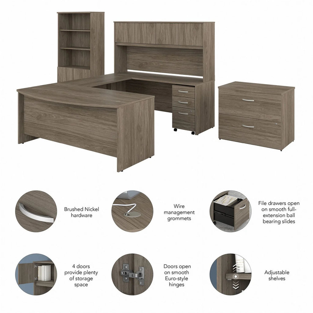 Engineered Wood 72W U Desk with Hutch and Storage in Modern Hickory F579154