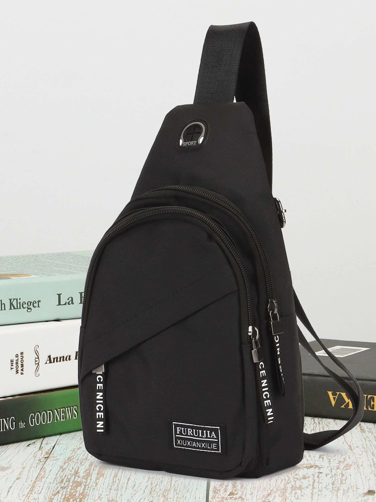 Small Casual Sling Bag Crossbody Backpack with Adjustable Shoulder Strap Black & Gray X3672