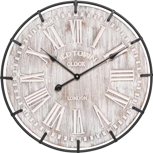 24 Inch Rustic Wood Wall Clock with Metal Circle and Numerals B79526