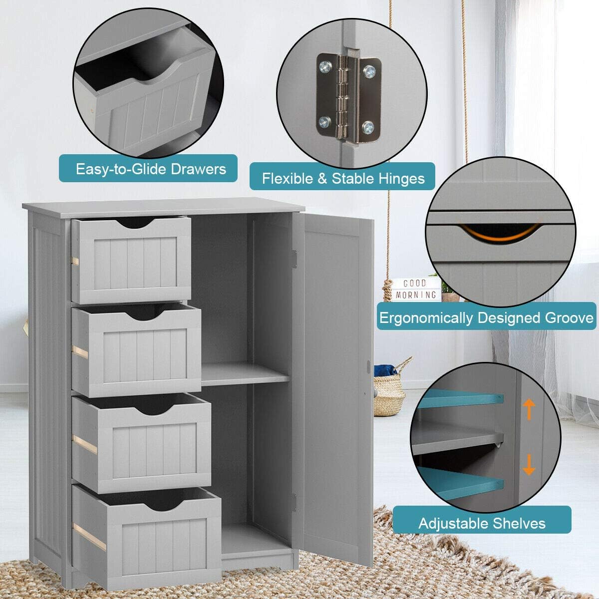 Grey Freestanding Bathroom Floor Cabinet with 4 Drawer A89138
