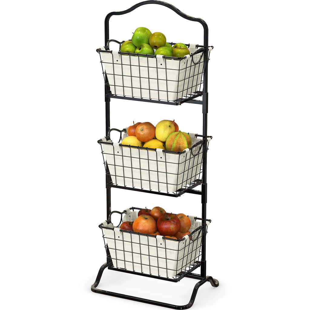 3-Tier Rigid Wire Market Fruit Basket Stand, Black D21317