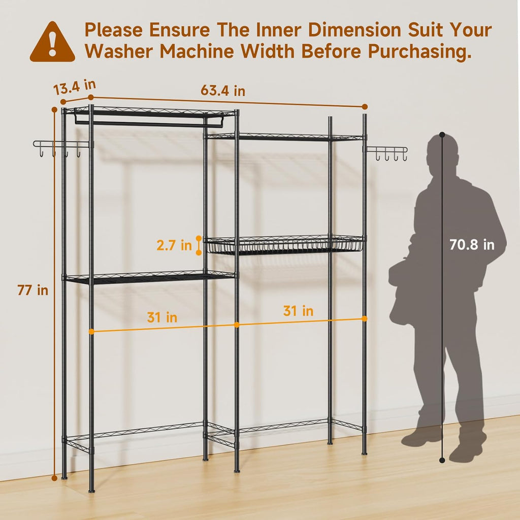 Over The Washer and Dryer Laundry Room Storage Shelf with Adjustable Shelves, Wire Basket, and Rotatable Hooks Z150991