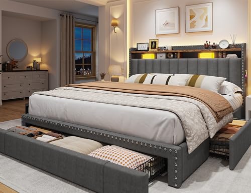Grey Queen Size Upholstered Platform Bed Frame with 3 Drawers Q826277