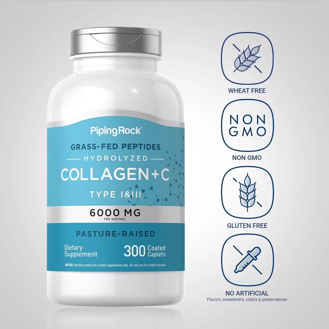 Collagen Pills 6000mg 300 Caplets Hydrolyzed Peptide Supplement Type I & III Non-GMO Gluten Free G2636