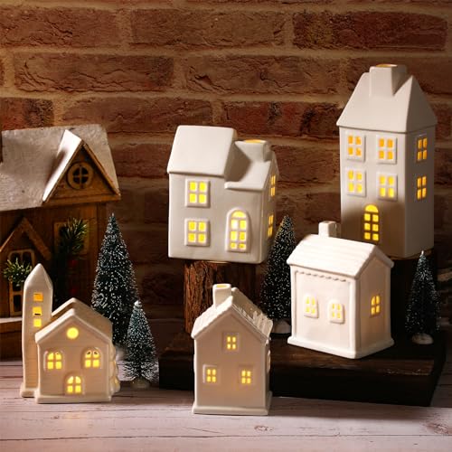 22 Pcs Ceramic Christmas Village Set with Light Include 9 Lighted Village Houses 13 Christmas Trees White Roof T991356