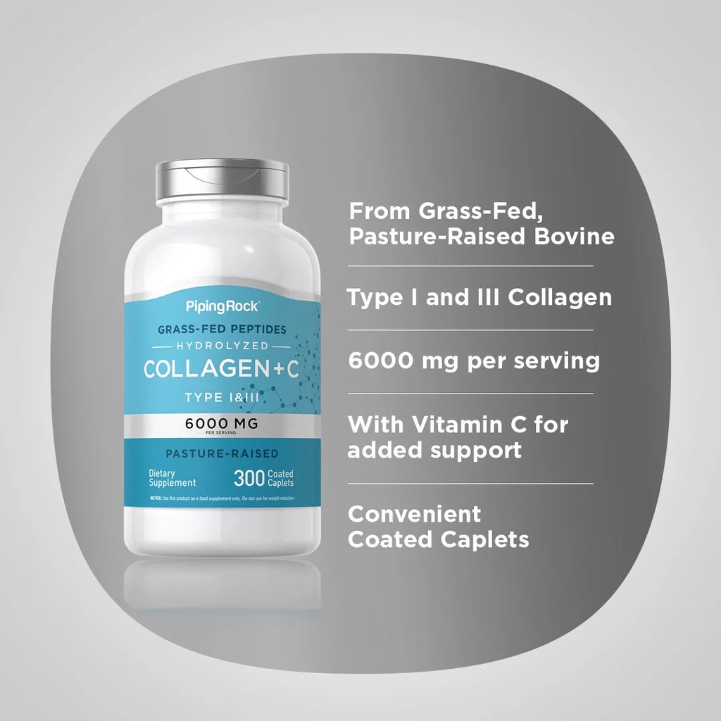Collagen Pills 6000mg 300 Caplets Hydrolyzed Peptide Supplement Type I & III Non-GMO Gluten Free G2636