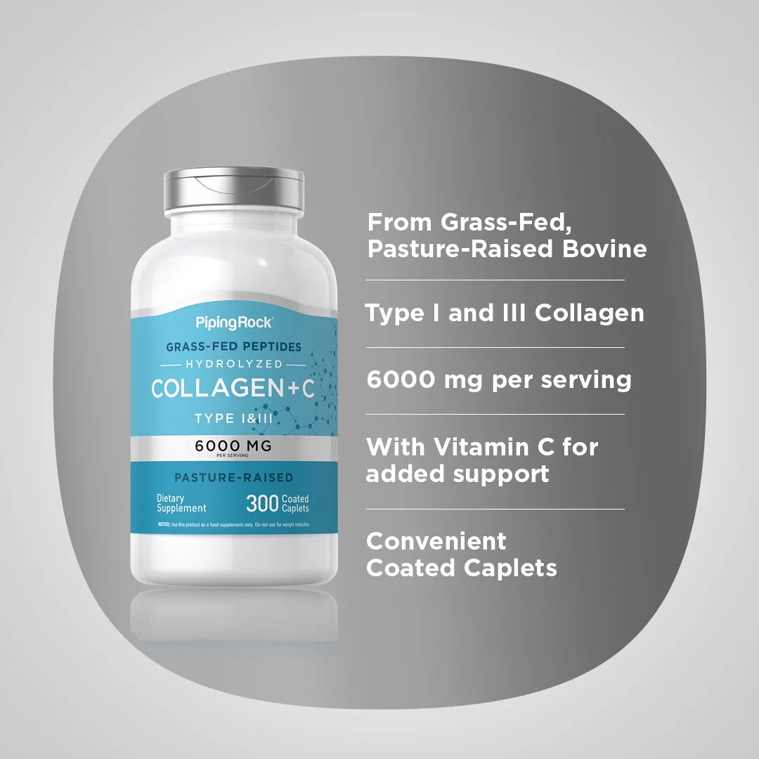 Collagen Pills 6000mg 300 Caplets Hydrolyzed Peptide Supplement Type I & III Non-GMO Gluten Free G2636