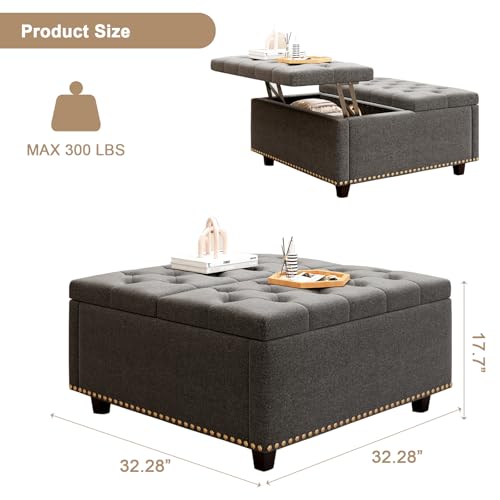 Large Square Storage Ottoman Coffee Table, Light Grey Linen Upholstered with Lift Top C91892