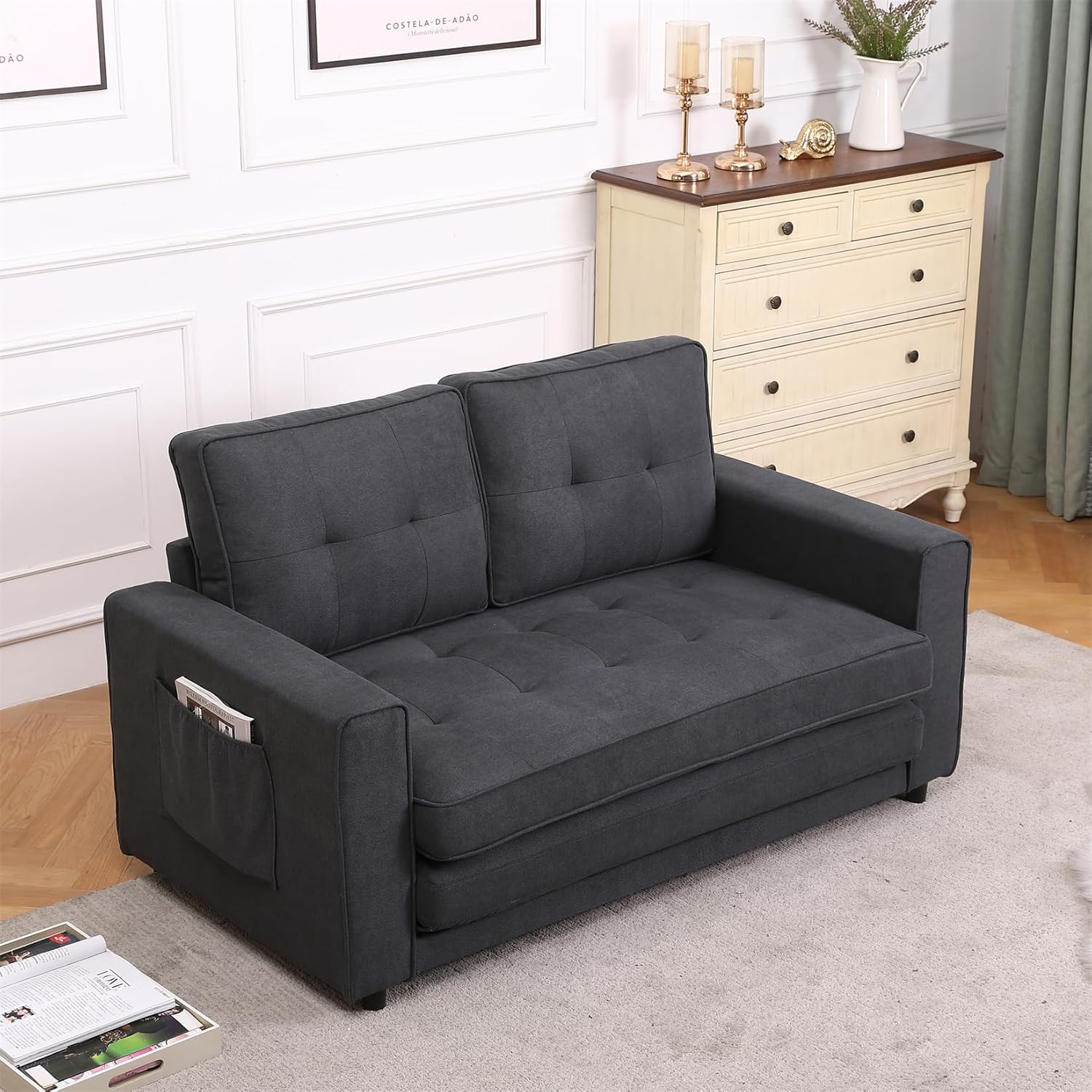 Dark Gray 3 in 1 Folding Sofa Bed with 2 Storage Pockets Q5612