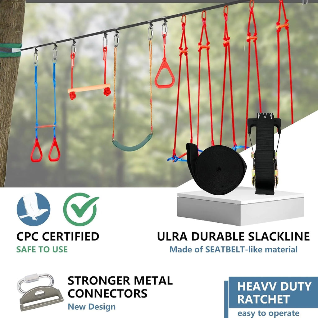 60FT Durable Ninja Slackline Kit with 10 Obstacles & Bag D4632