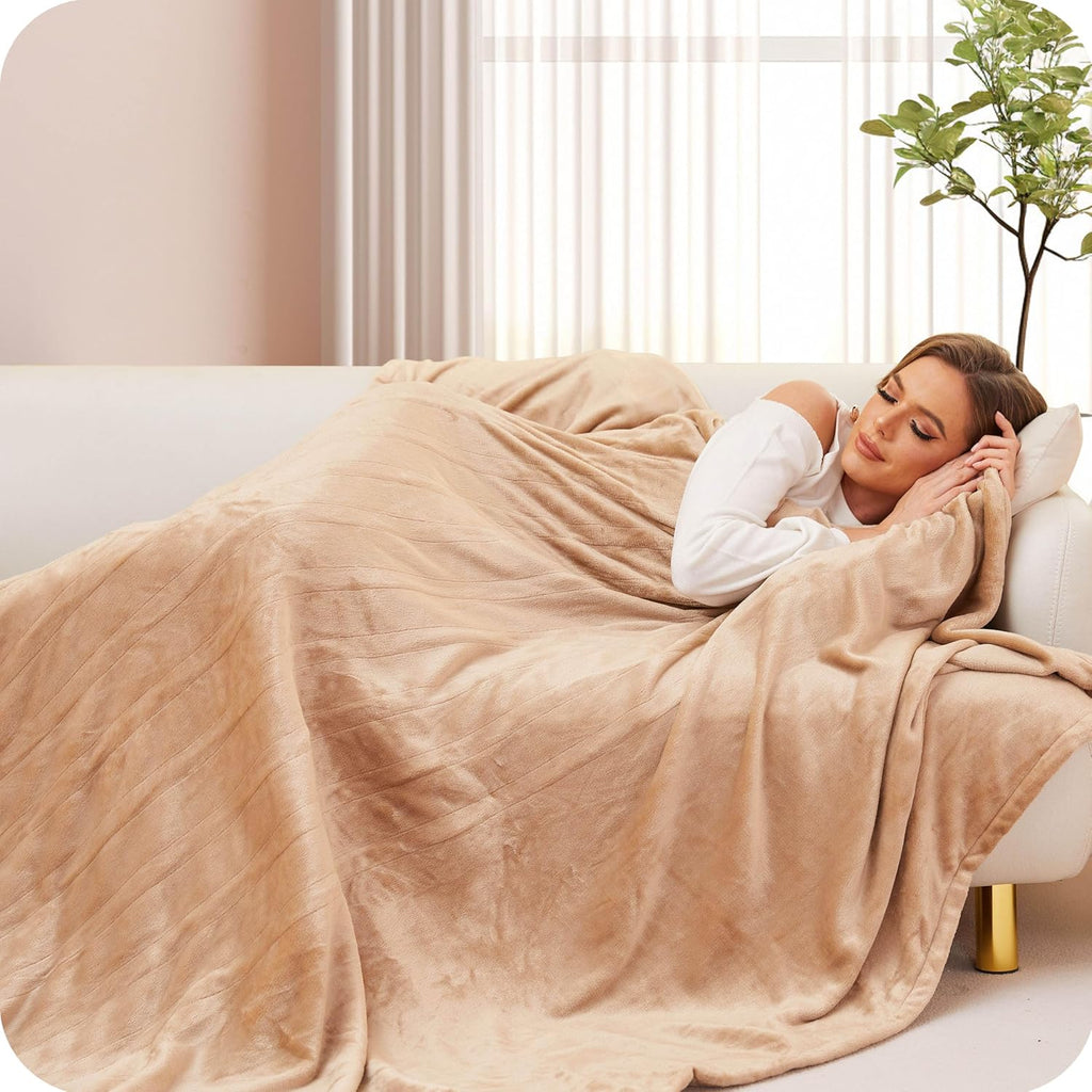 Light Brown Full Size Flannel Heated Blanket J14227