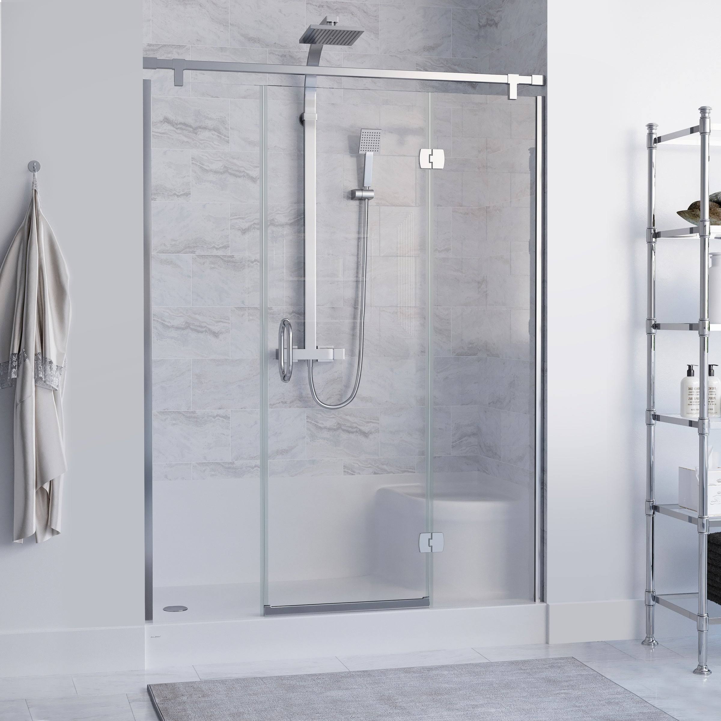 Gray Single Threshold Shower Base with Left Hand Drain and Integral Right Hand Seat R506743