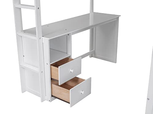 White Solid Wood Full Size Loft Bed with Wardrobes and 2-Drawer Desk and Storage Cabinet W990