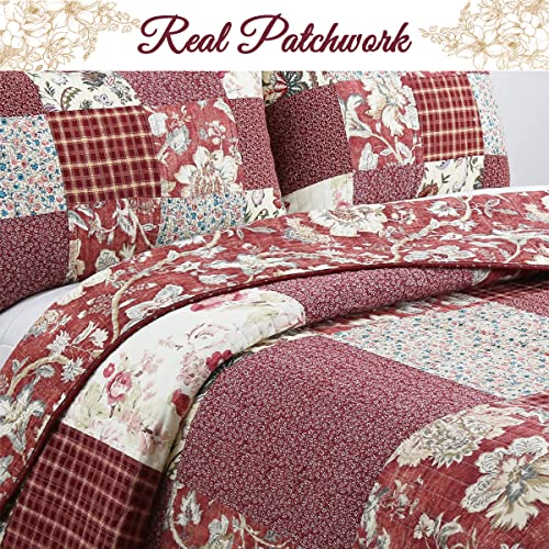 Burgundy Wine Red Floral Paisley Patchwork 100% Cotton Reversible Quilt Bedding Set, Queen - 3 Piece H897265