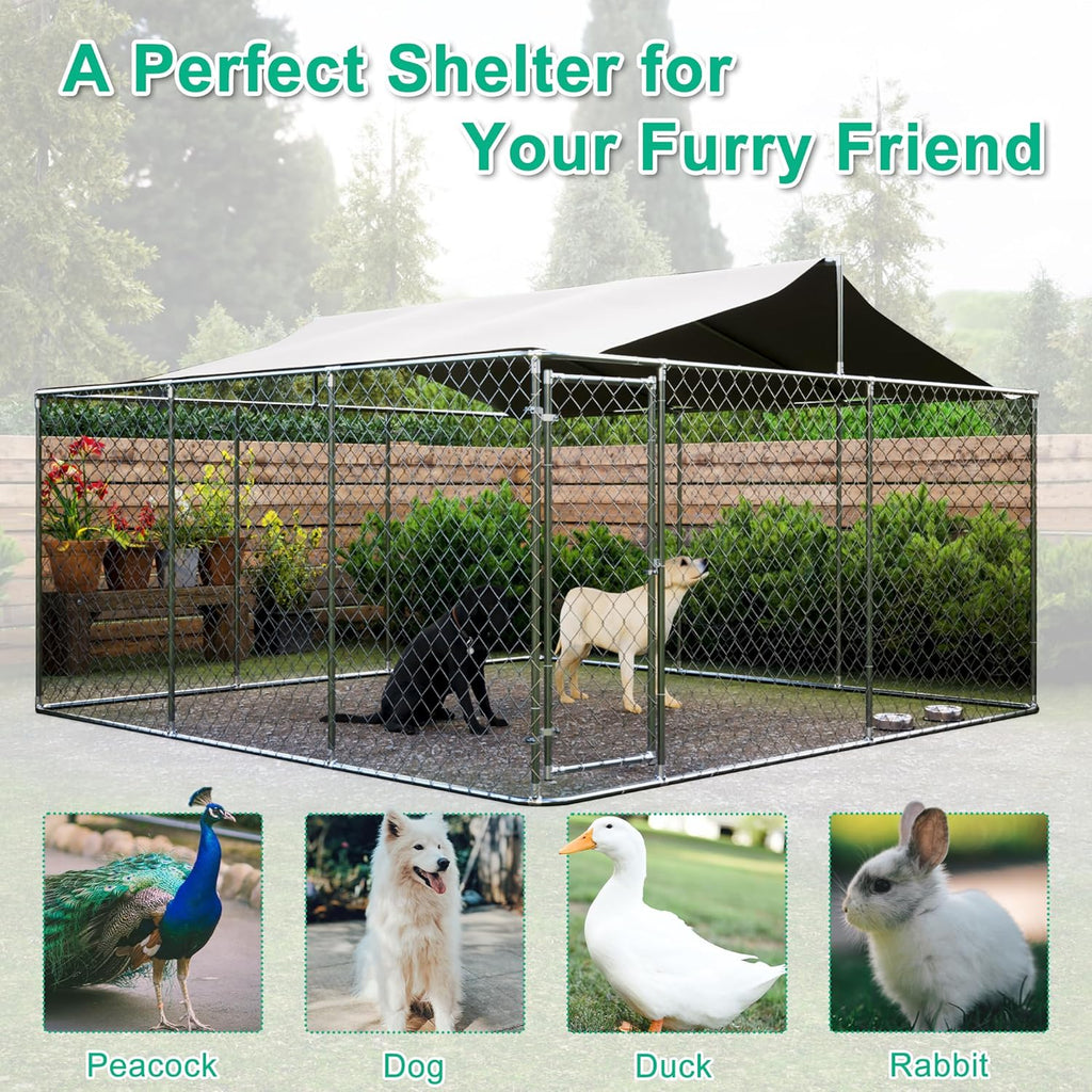 Large Outdoor Dog Kennel with Roof, Chain Link Enclosure, Galvanized Steel, 177.6 x 177.6 x 91.2 Inch I4390