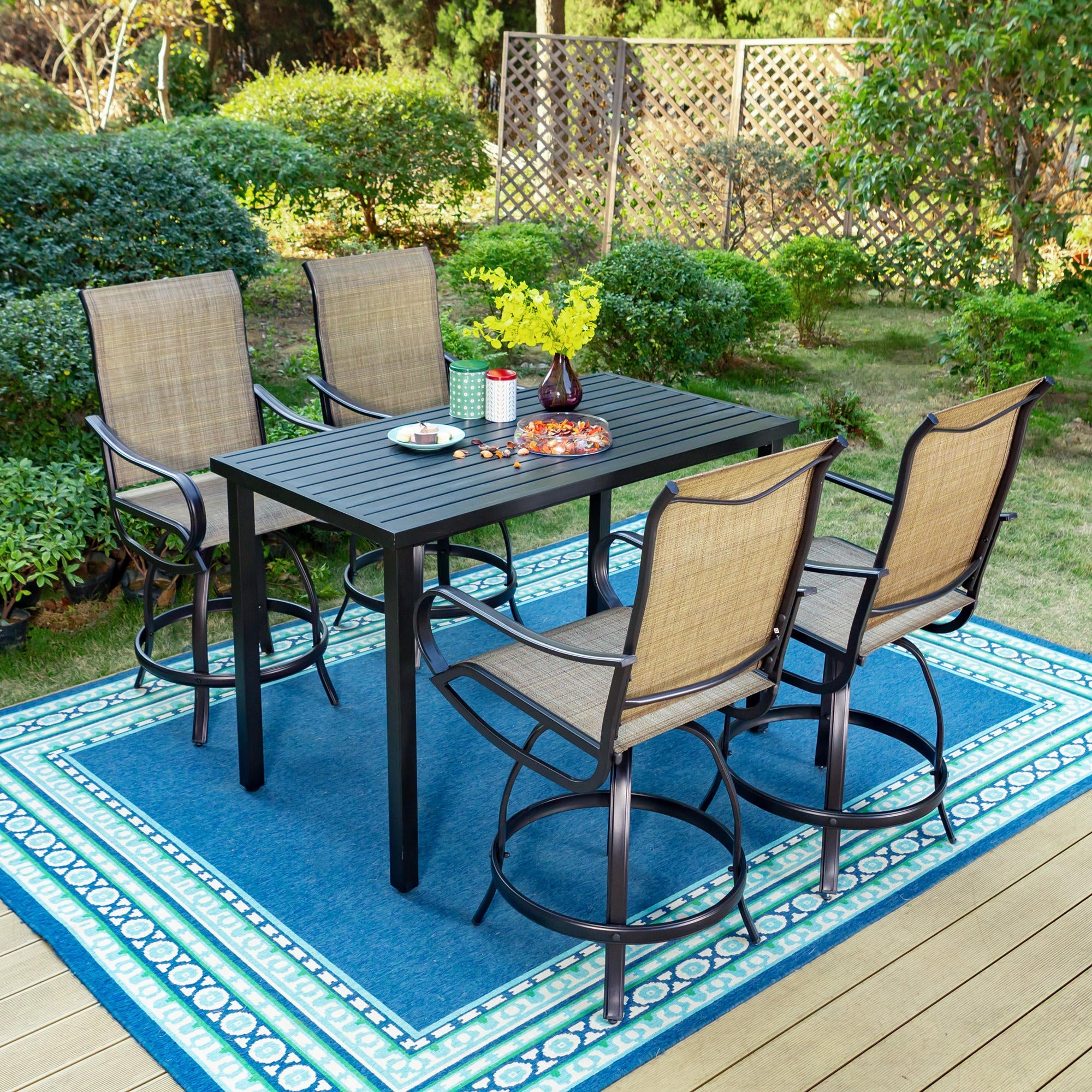 5-Piece Outdoor Bar Stool Set with Rectangle Counter Height Table & Patio Swivel Bar Chairs, Black & Brown X515