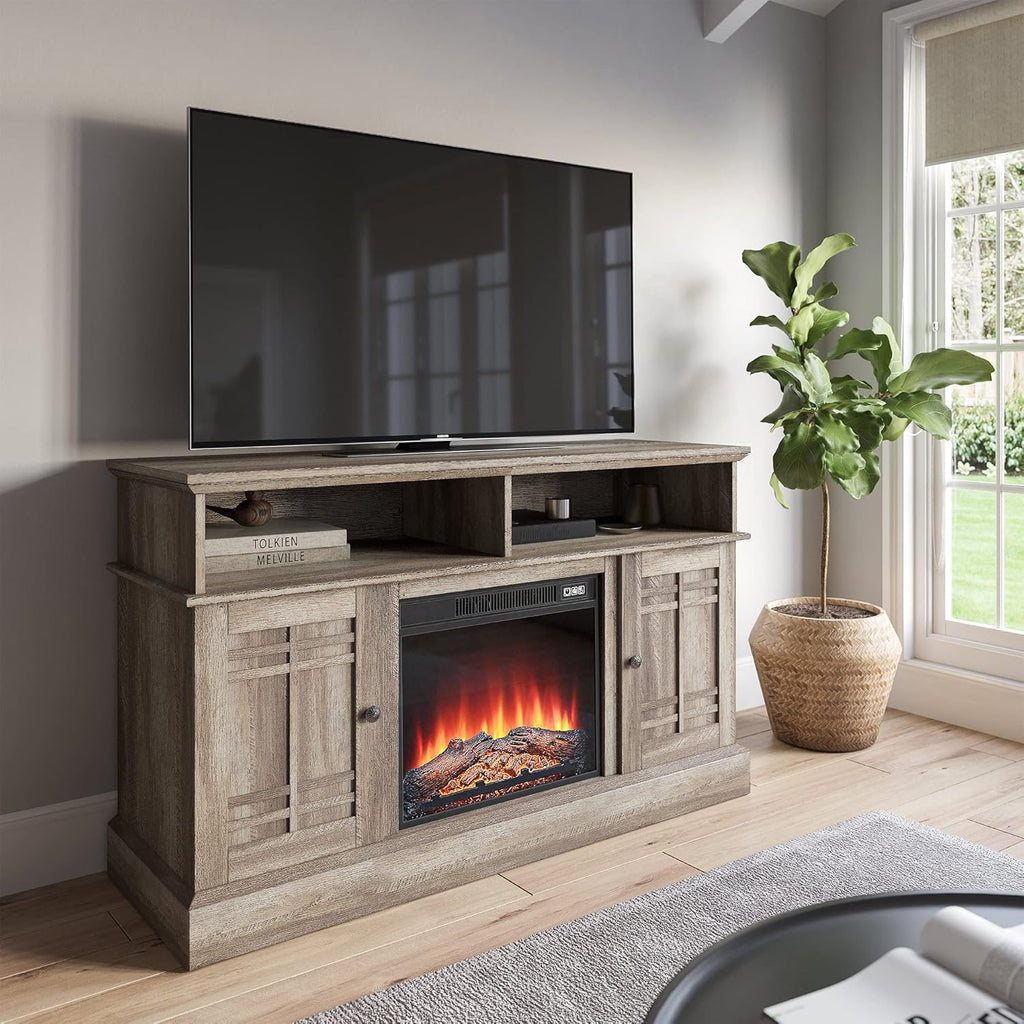 Gray Wash Wood TV Stand with Open Storage Shelves & Cabinets F8234