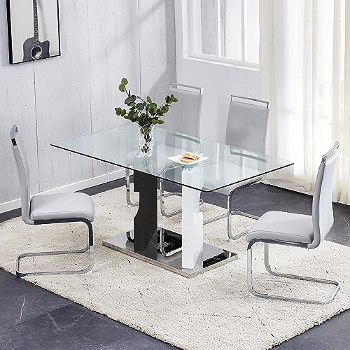 5 Piece Glass Dining Table Set with 4 PU Leather Chairs W43048