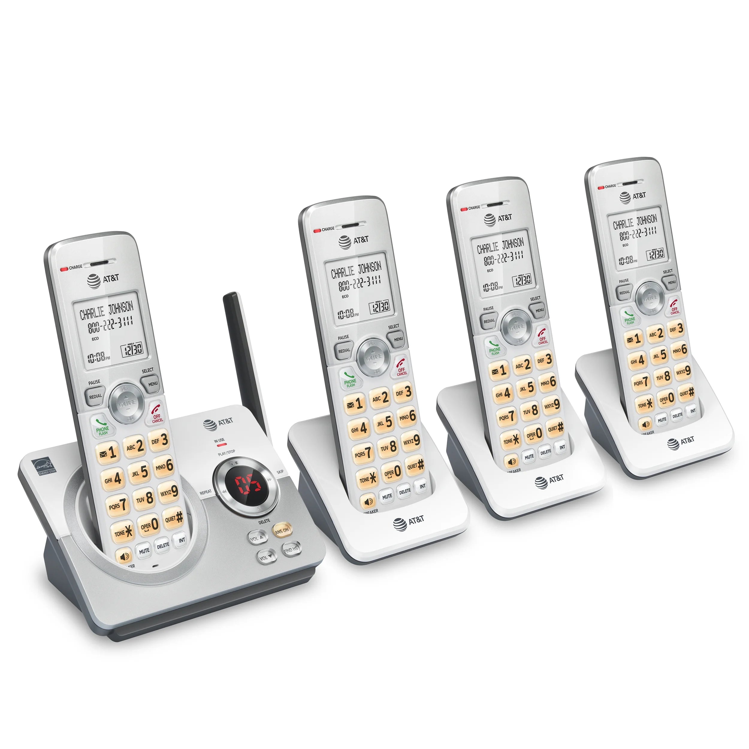 4-Handset Cordless Phone with Answering System and Call Block (White/Silver) T160421