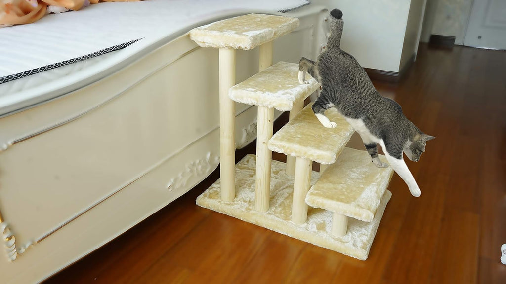 White 4-Step Wooden Pet Stairs with Detachable Carpet U4391