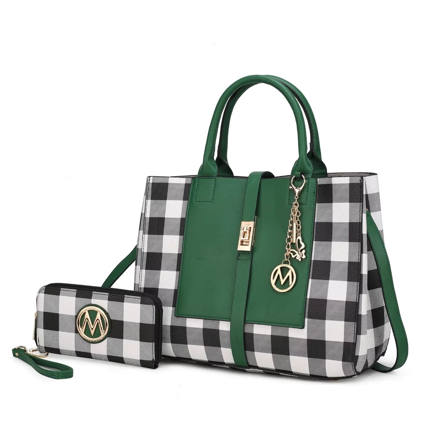 Vegan Leather Checkered Satchel Bag with Wallet 2 Piece Set V240