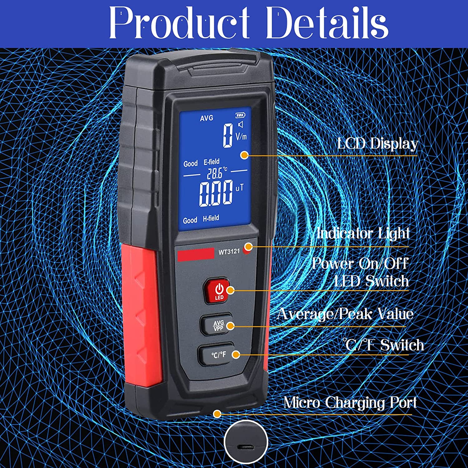 Rechargeable Digital Electromagnetic Field Radiation Detector R5552