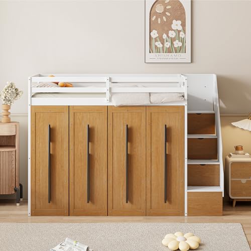 Twin Size Solid Wood Loft Bed with Storage X48105