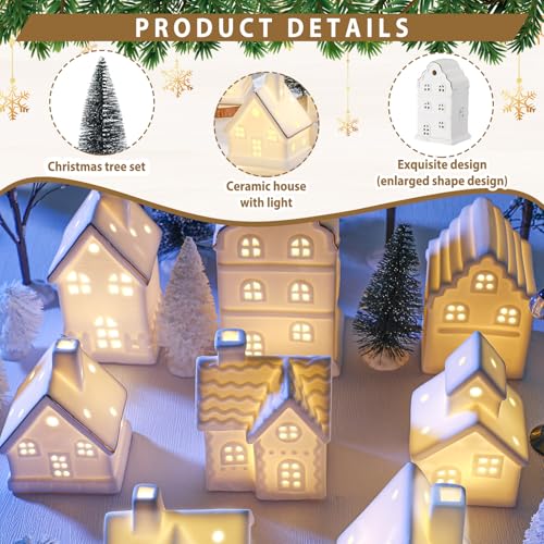 28 Pcs Ceramic LED White Christmas Village Set with Houses, Trees, Lamp Post Z32937
