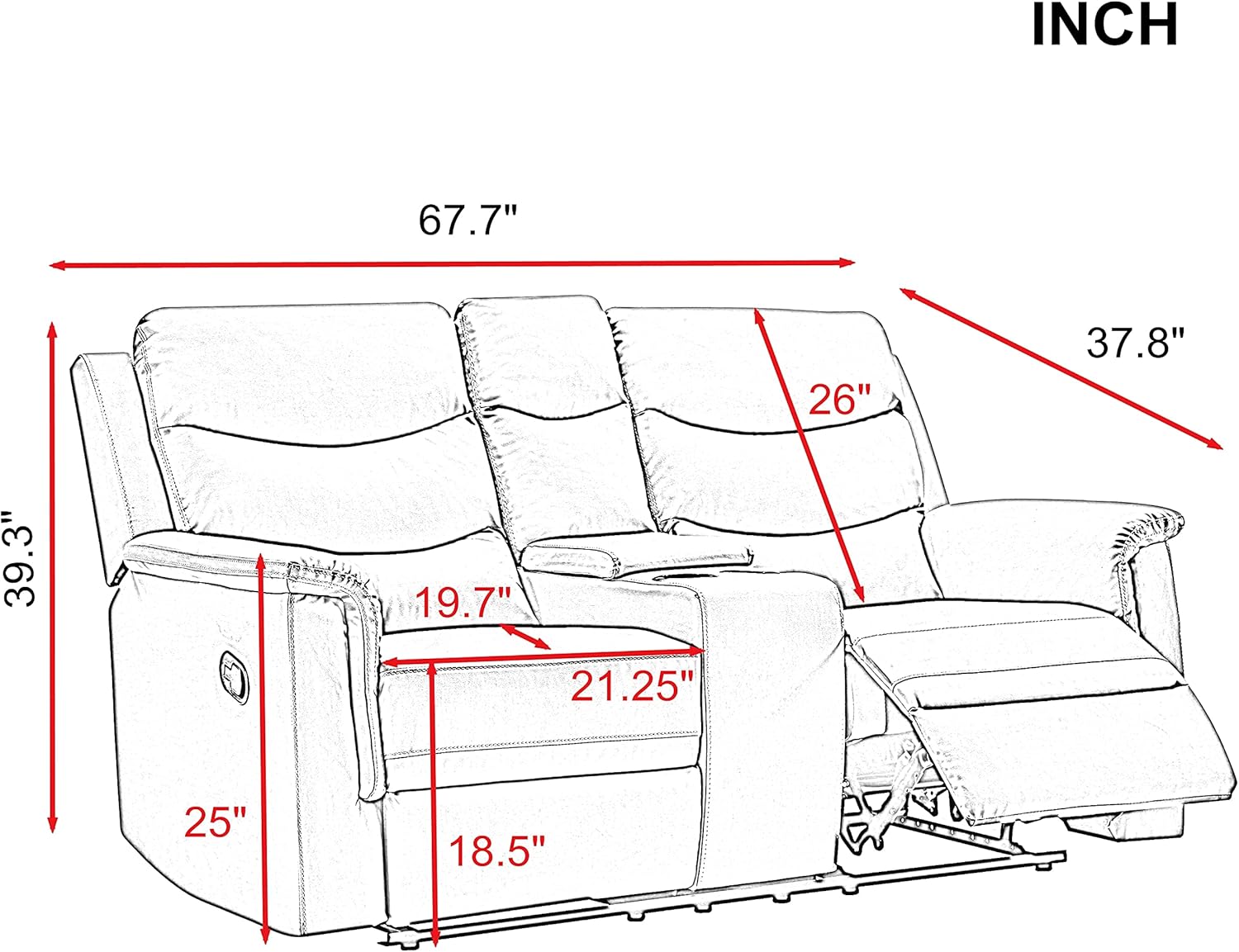 Grey Manual Double Reclining Loveseat Sofa with Storage Console J22193