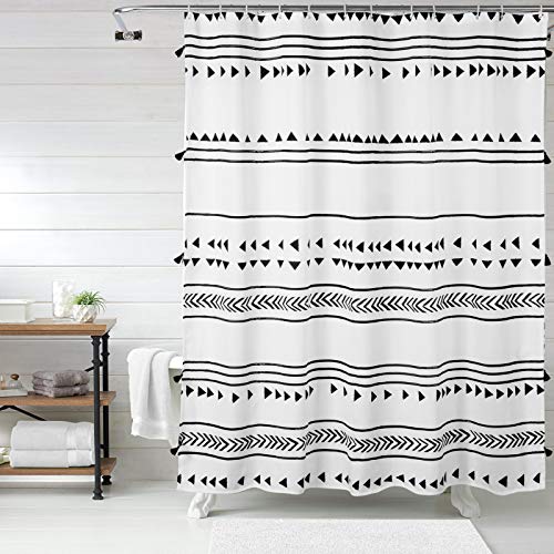 72x72 Black and White Fabric Shower Curtain with Hooks G4204