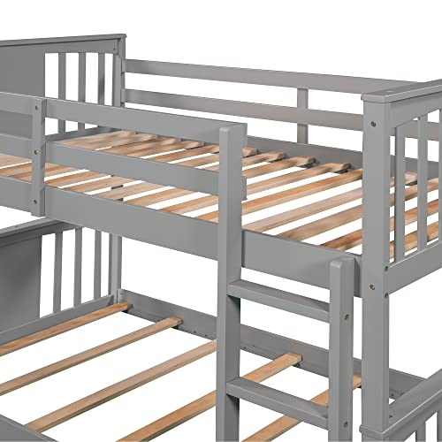 Gray Solid Wood Twin over Twin Bunk Bed with Ladder and Guard Rail Z24335
