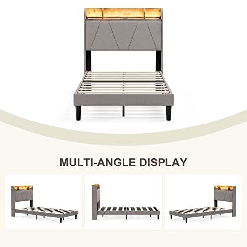 King Bed Frame with Charging Station and Storage Shelf Headboard, Upholstered LED Bed Frame with Solid Wood Slats, Light Brown R147