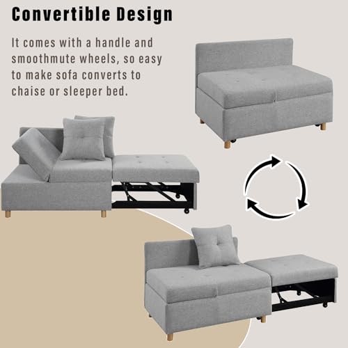 Light Gray Linen Convertible Sleeper Sofa Chair with 2 Throw Pillow A6467